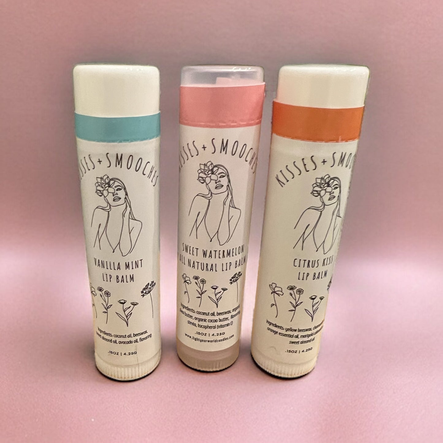 Trio Lip Balm Set, Lip Balm Gift Set, Hydrating Lip Balm, Vanilla Mint, Tinted Pink Watermelon, Citrus Lip Balms