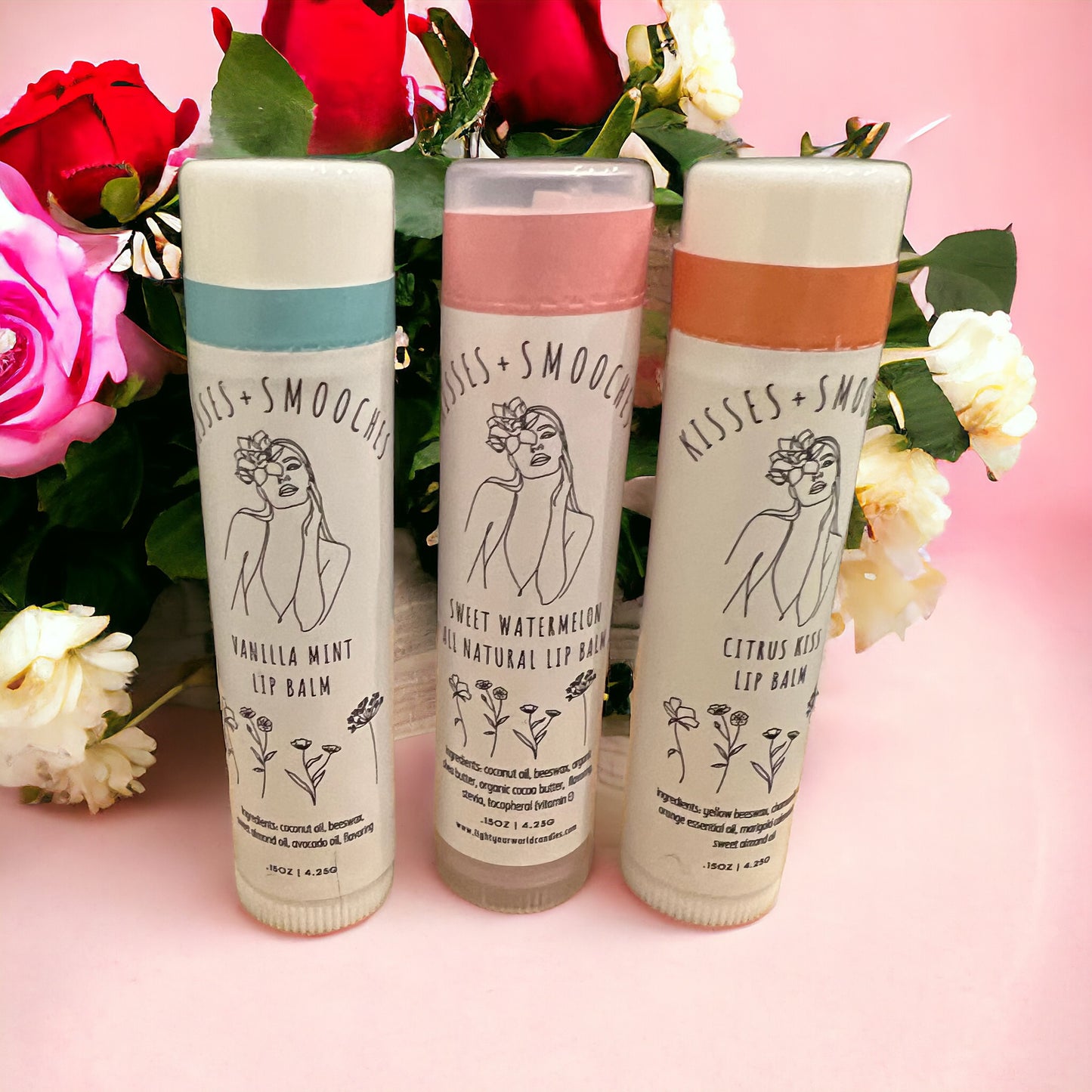 Trio Lip Balm Set, Lip Balm Gift Set, Hydrating Lip Balm, Vanilla Mint, Tinted Pink Watermelon, Citrus Lip Balms